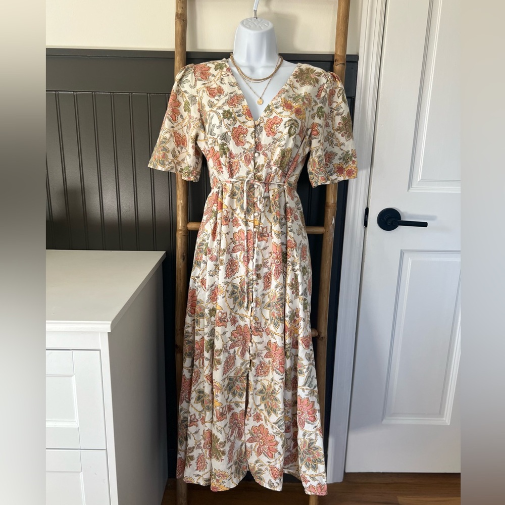 Mango Floral Midi Dress Multi Color Coral, Cream, Yellow, Green